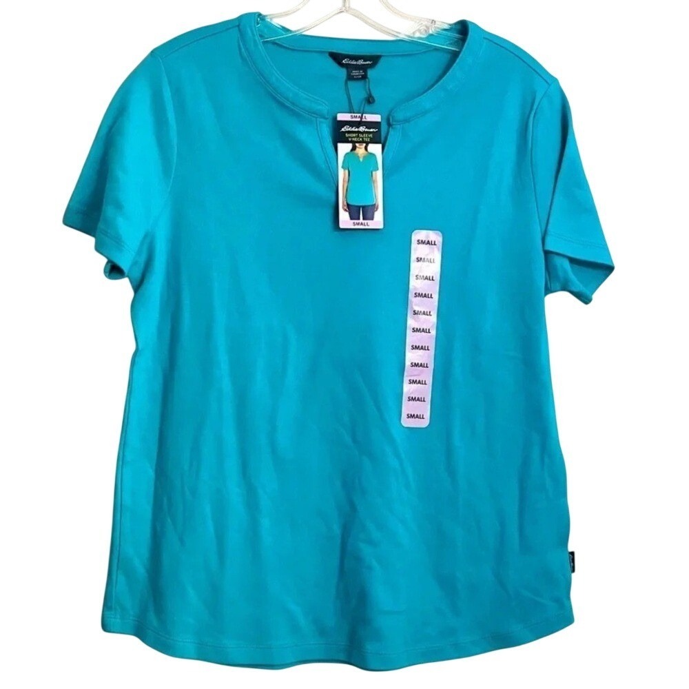 Eddie Bauer Short Sleeve V Neck Shirt Womens Small Turquoise Soft Cotton NWT